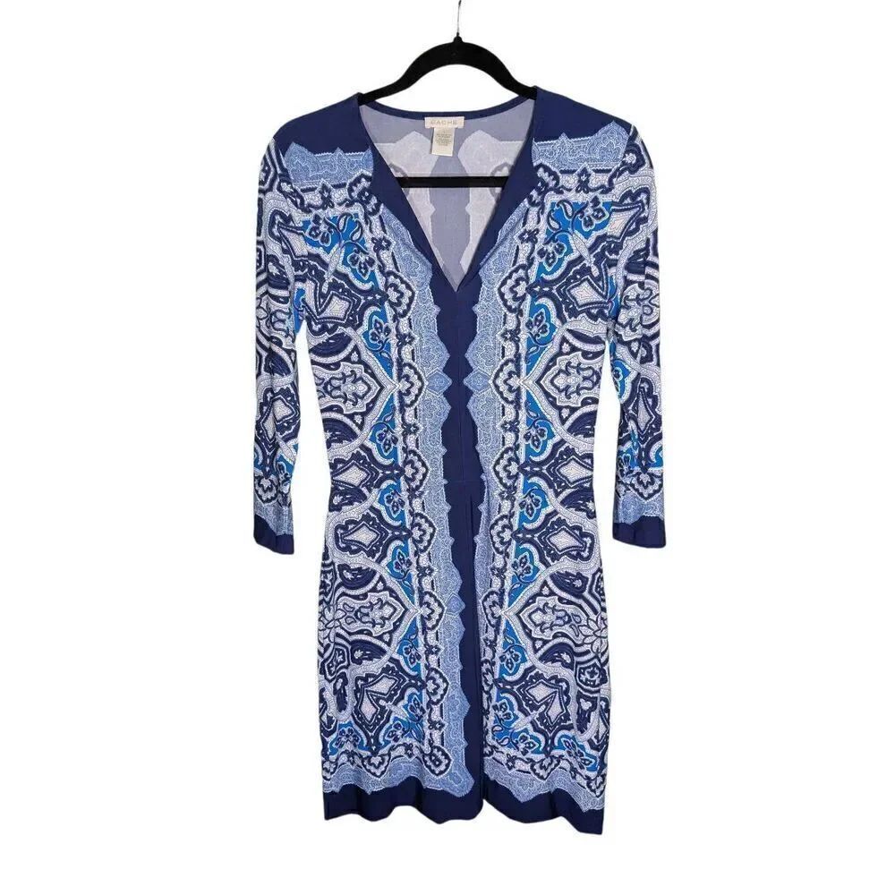 Cache Dress Blue White Print 3/4 Sleeve Sheath Dress Women's Small